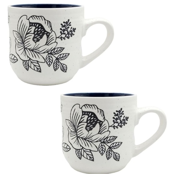 Shabby Chic Set‎ of 2pc Blue and White Engraved Garden Ceramic Coffee Mug 16oz - Picture 1 of 12